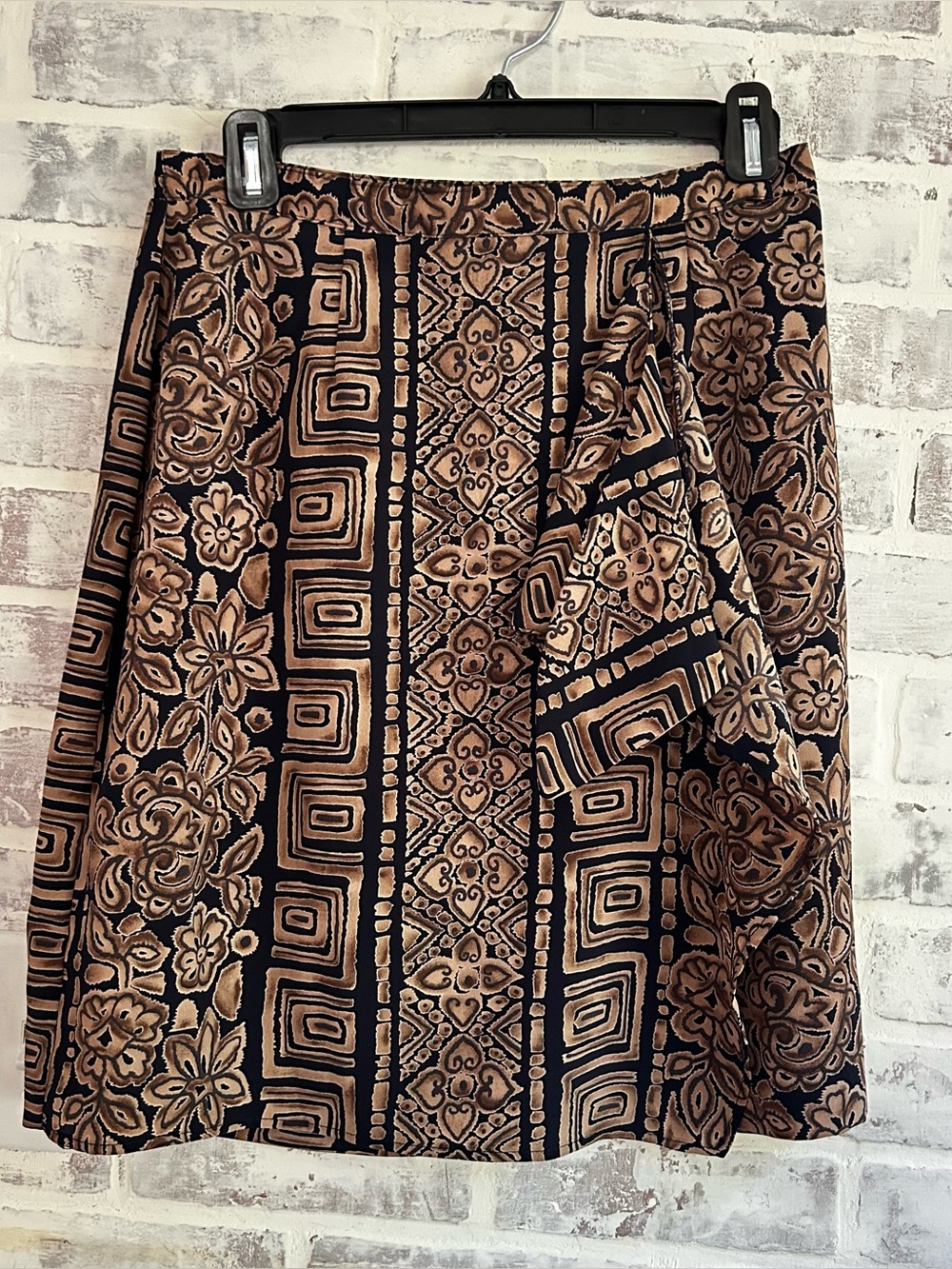 Vintage Geometric Floral Wrap Skirt Women’s 12 Black Tan Whimsigoth 90s 80s Boho